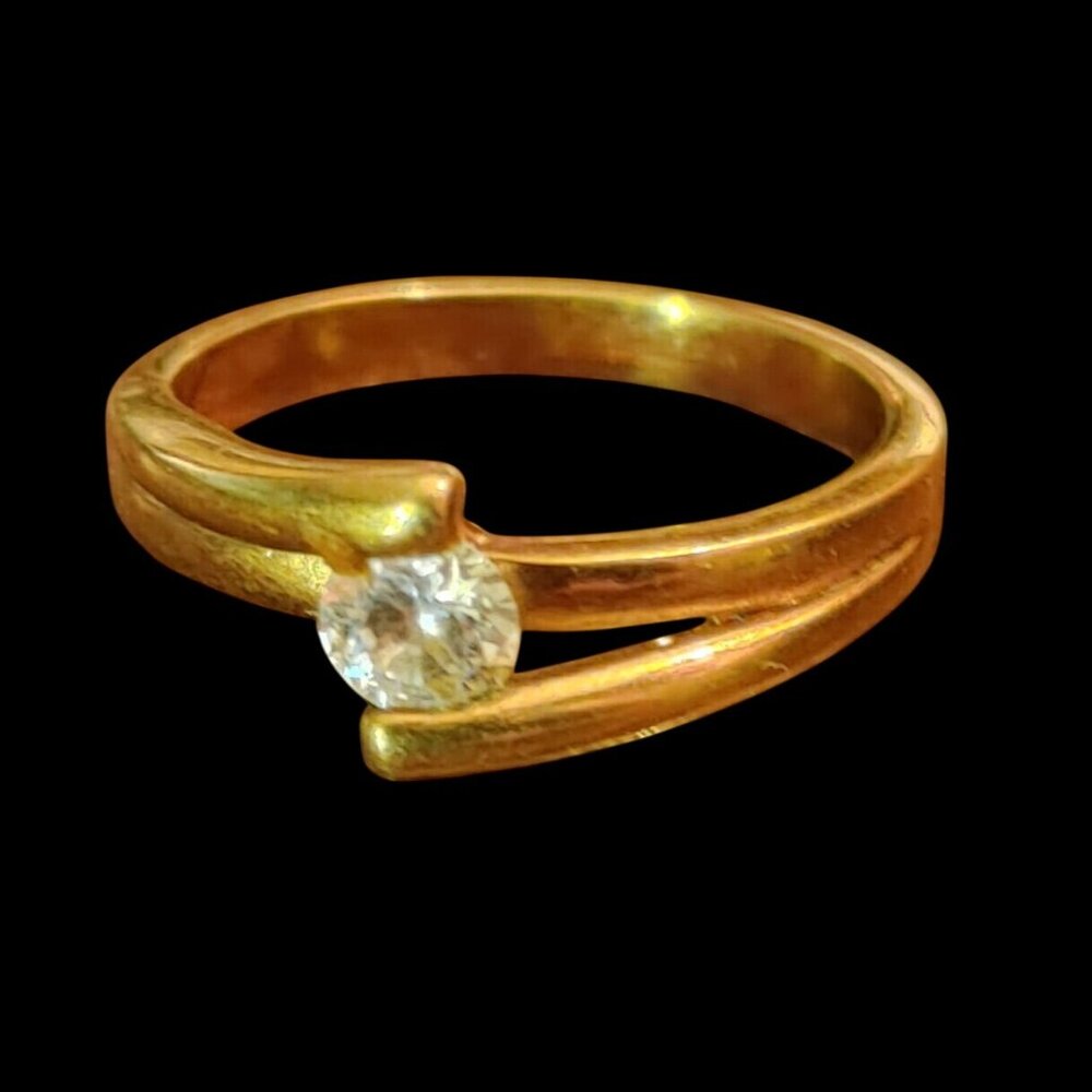 Vintage Gold Tone Solitaire Ring Clear Stone Accent Promise Engagement Wedding